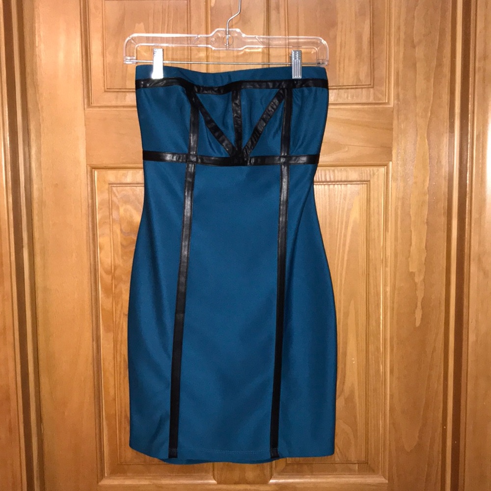Teal mini dress with leather detail